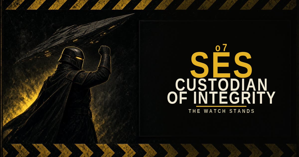 SES Custodian of Integrity. One fist held high in front of the helmet. The watch stands.